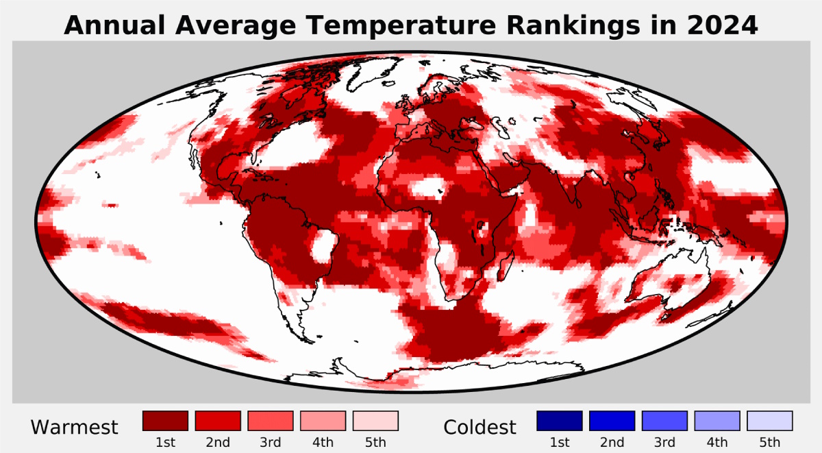 World map showing annual average temperature rankings for 2024, with varying shades of red for warmer areas and blue for colder areas.