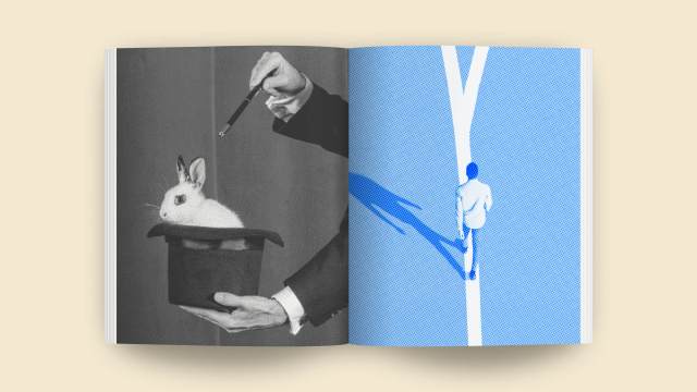 An open book reveals a wand hovering over a rabbit in a hat on the left, while on the right, a blue illustration depicts someone navigating diverging paths using a clever detour technique.