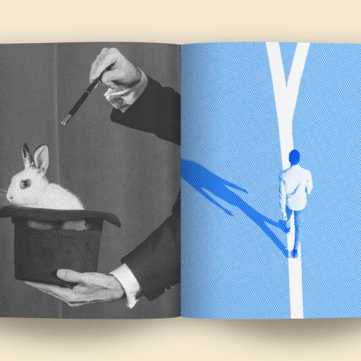 An open book reveals a wand hovering over a rabbit in a hat on the left, while on the right, a blue illustration depicts someone navigating diverging paths using a clever detour technique.