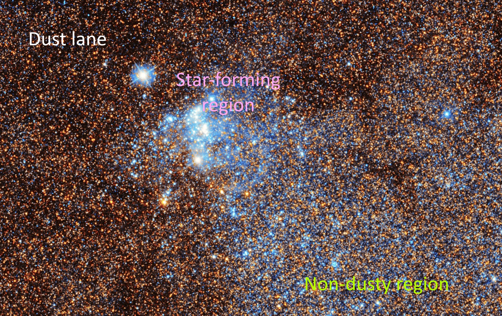 Dense star field with labels indicating a dust lane, a star-forming region, and a non-dusty region. This celestial tableau resembles the largest galactic mosaic, where bright areas contrast beautifully with darker, dusty sections.
