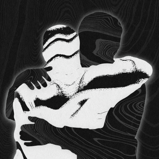 Abstract black and white image of two figures embracing, with swirling line patterns and contrasting shadows evoking a textured effect that subtly hints at negative emotions.