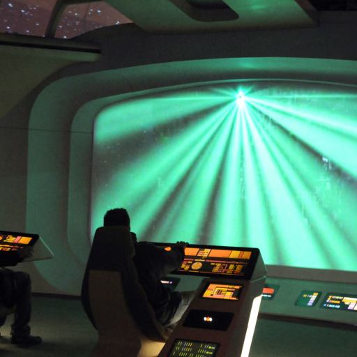 In a futuristic control room, two people sit at advanced control panels, utilizing AI technology as they face a large screen displaying vibrant green light beams.