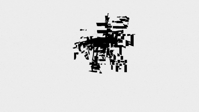 Abstract black and white artwork consisting of scattered and fragmented geometric shapes on a plain background.