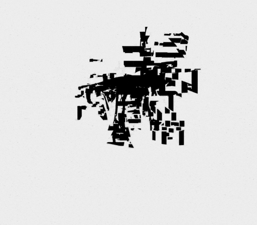 Abstract black and white artwork consisting of scattered and fragmented geometric shapes on a plain background.
