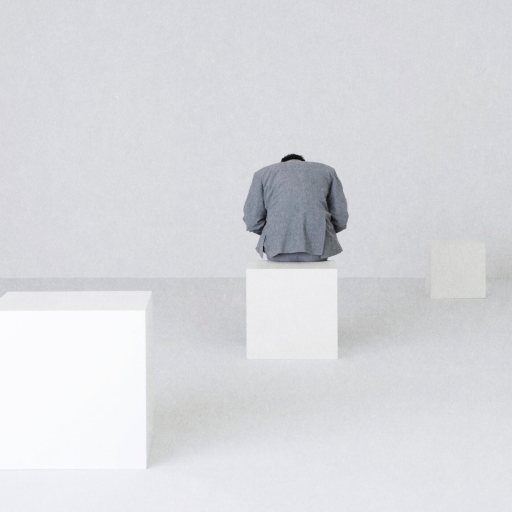 An introverted leader in a gray suit sits thoughtfully on a white cube in a minimalist, white space with two other white cubes nearby, embodying the power of quiet contemplation.