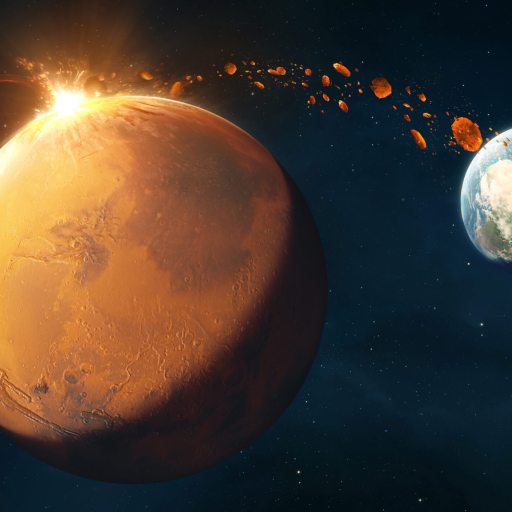 Illustration of Mars being struck by an asteroid, with debris flying and Earth visible in the background.