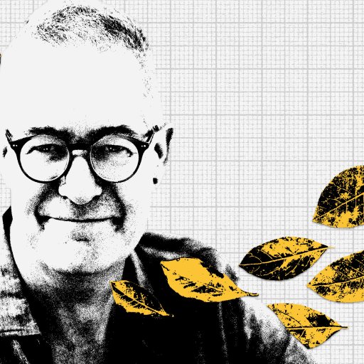 A man with glasses smiling, surrounded by illustrated yellow leaves and subtle hints of scientific symbols on a grid-patterned background.