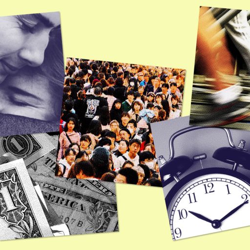 Collage with images of a close embrace, crowded street, running feet, U.S. dollar bills symbolizing wealth, and an alarm clock.