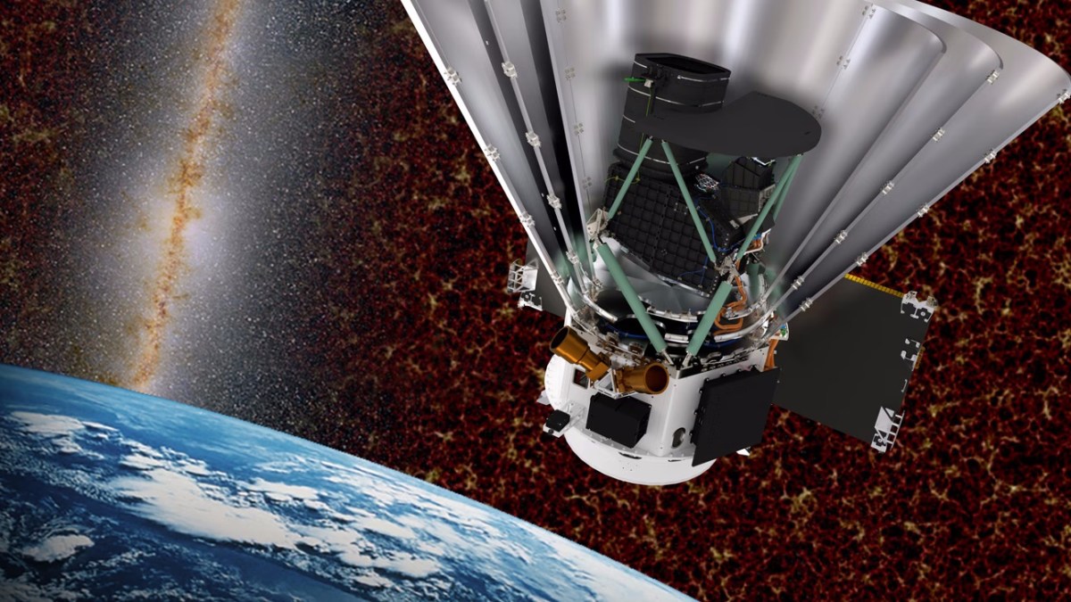 A spacecraft with a large reflective dish orbits above Earth, exploring the starry galaxy and cosmic backdrop. Its mission? To map galaxies and teach us what the CMB can't, unlocking cosmic mysteries.