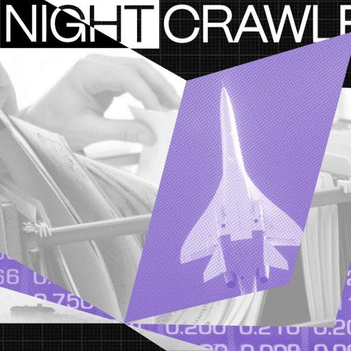 Collage featuring a hand filing papers, an airplane, and numerical data on a grid background. Text reads "The Night Crawler: A Journey for Investigative Investors.