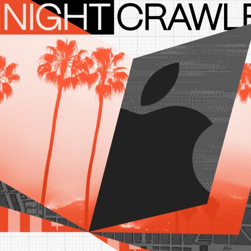 Abstract design featuring the words "The Nightcrawler," red palm trees, a stylized map, and a large apple symbol—all compelling you to rethink modern aesthetics.