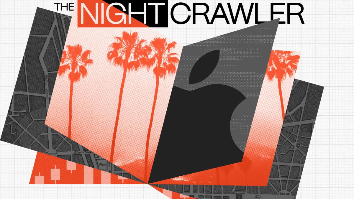 Abstract design featuring the words "The Nightcrawler," red palm trees, a stylized map, and a large apple symbol—all compelling you to rethink modern aesthetics.