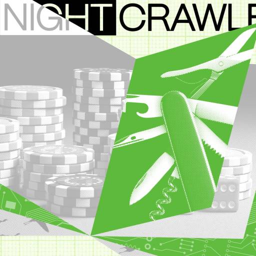 A stylized image showcases poker chips and a green Swiss army knife, intricately overlaid with circuit patterns, hinting subtly at AI risk. The word "Nightcrawler" graces the top, adding an enigmatic touch.