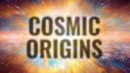 The words "Cosmic Origins" appear in bold against a colorful, radiant explosion resembling a galaxy or cosmic event.