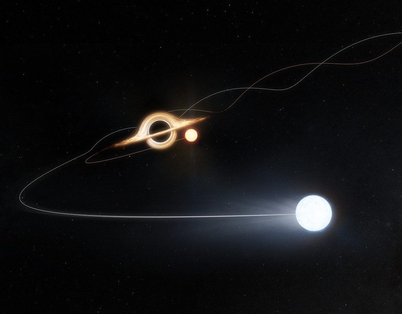 Illustration of a black hole bending light from a nearby star, with a blue star in the foreground.