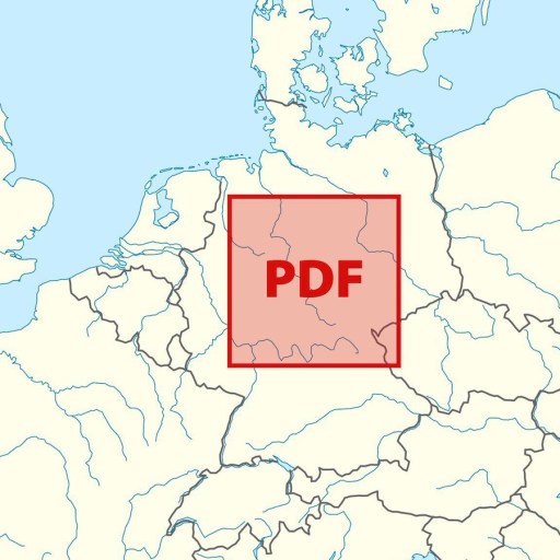 Map highlighting an area in Europe, centered on the Netherlands and surrounding countries, with a red overlay labeled "PDF.
