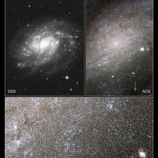 Composite image of spiral galaxy NGC 300. Left: wide view with area highlighted. Right: close-up of highlighted area. Bottom: magnified star field view. NASA and the Hubble Heritage Team.