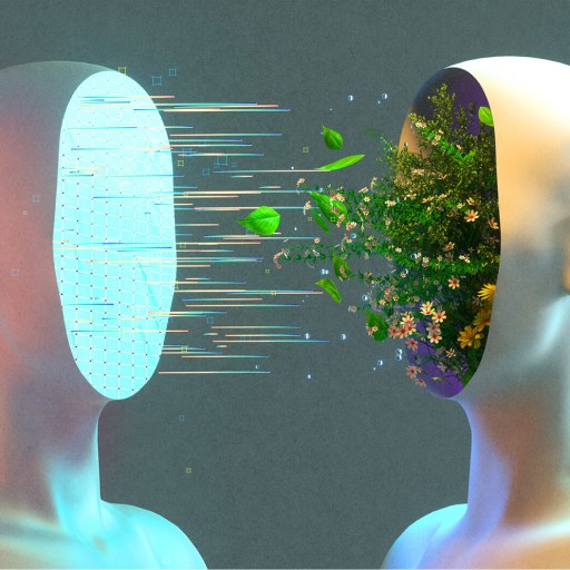 Two faceless busts face each other. One, representing AI, has digital lines on its face, while the other exudes cognitive meaning with flowers and leaves emerging from its surface.