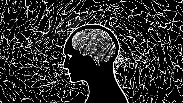Silhouette of a human head with an outlined brain, set against a background of abstract swirling white lines on black.