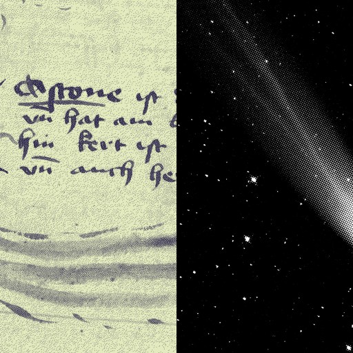 Illustration of a comet from an old manuscript on the left, and a black and white image of a comet in space on the right.