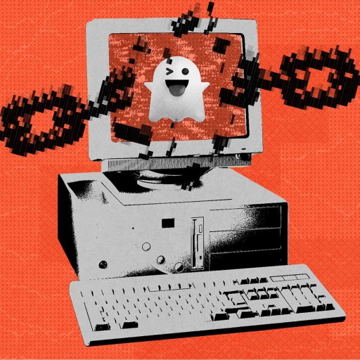 A retro computer displays a ghost on the screen as pixelated chains drift across the foreground, reminiscent of a scene from a Ken Liu short story. This digital haunt unfolds against a vivid orange background.