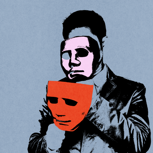 A person in a suit holds a red mask boldly in front of their face, symbolizing the leap to leader, while another mask partially conceals their true identity.