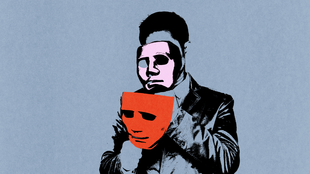 A person in a suit holds a red mask boldly in front of their face, symbolizing the leap to leader, while another mask partially conceals their true identity.