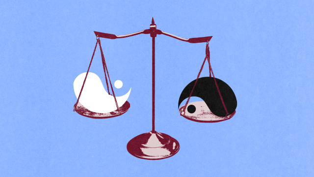 Illustration of a balance scale with a white yin-yang symbol on the left and a black yin-yang symbol on the right, both slightly tilted. The background is light blue.