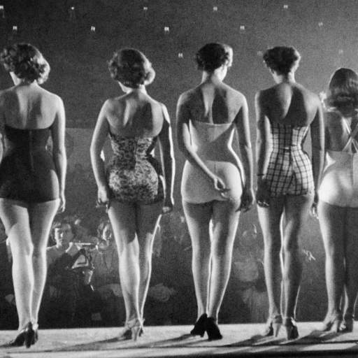 A lineup of eight women in swimsuits stands on stage, embodying beauty as they face away from the camera, with an audience in the background.