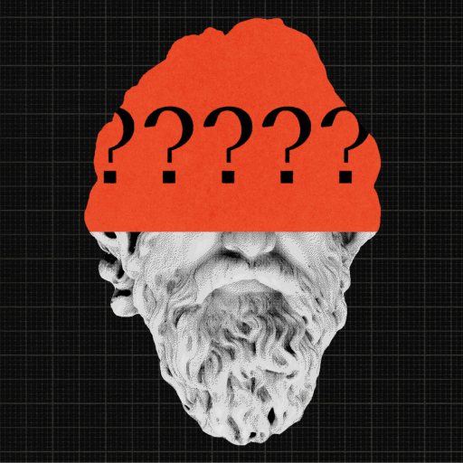 A stone bust of a bearded figure with an orange band across its forehead displaying several question marks.