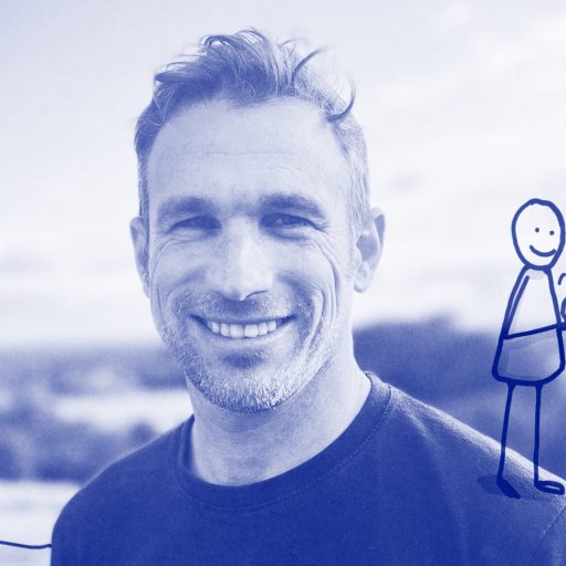 Jono Hey smiling outdoors with doodle art of a person and a star overlaid on the image.