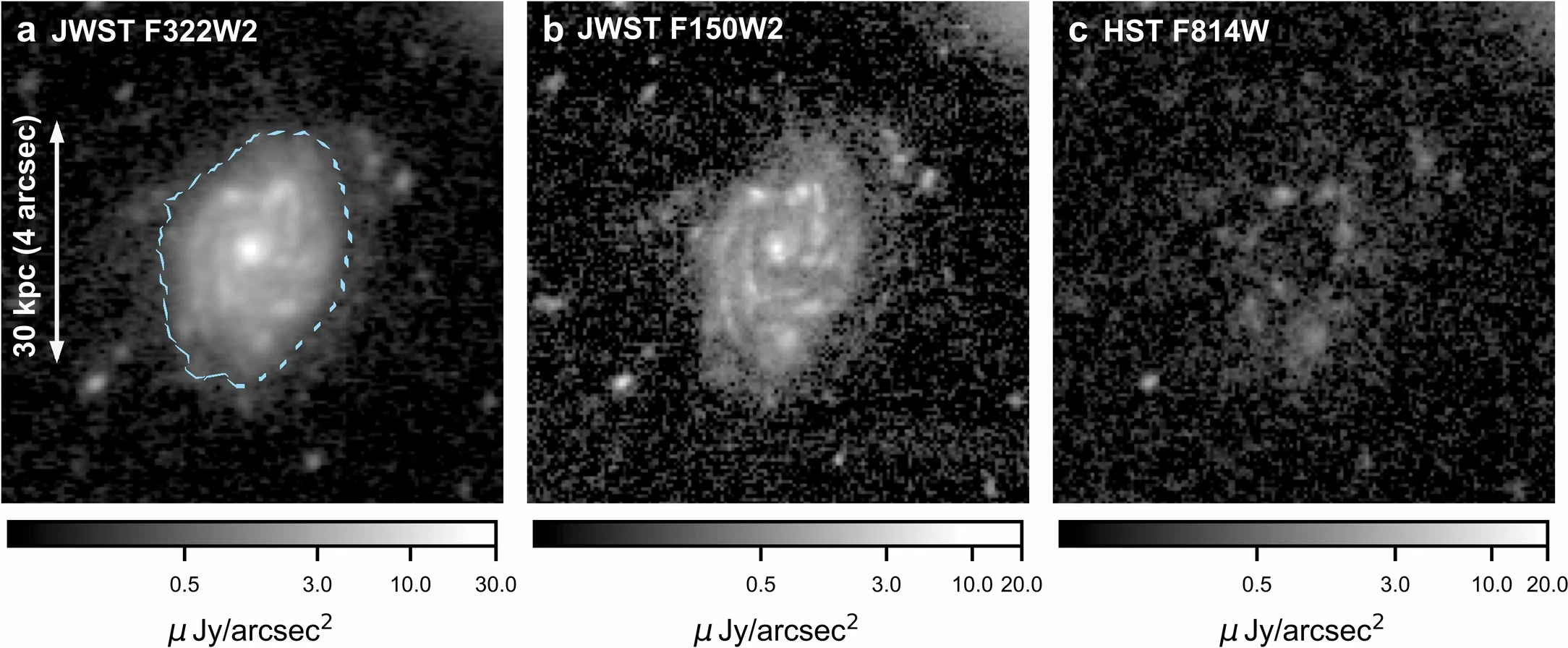 Three panels display captivating galaxy images from JWST and HST using different filters. Panels a and b, capturing a spinning galaxy 12 billion years old, are from JWST, while panel c is from HST. A blue dashed line in panel a highlights the galaxy.