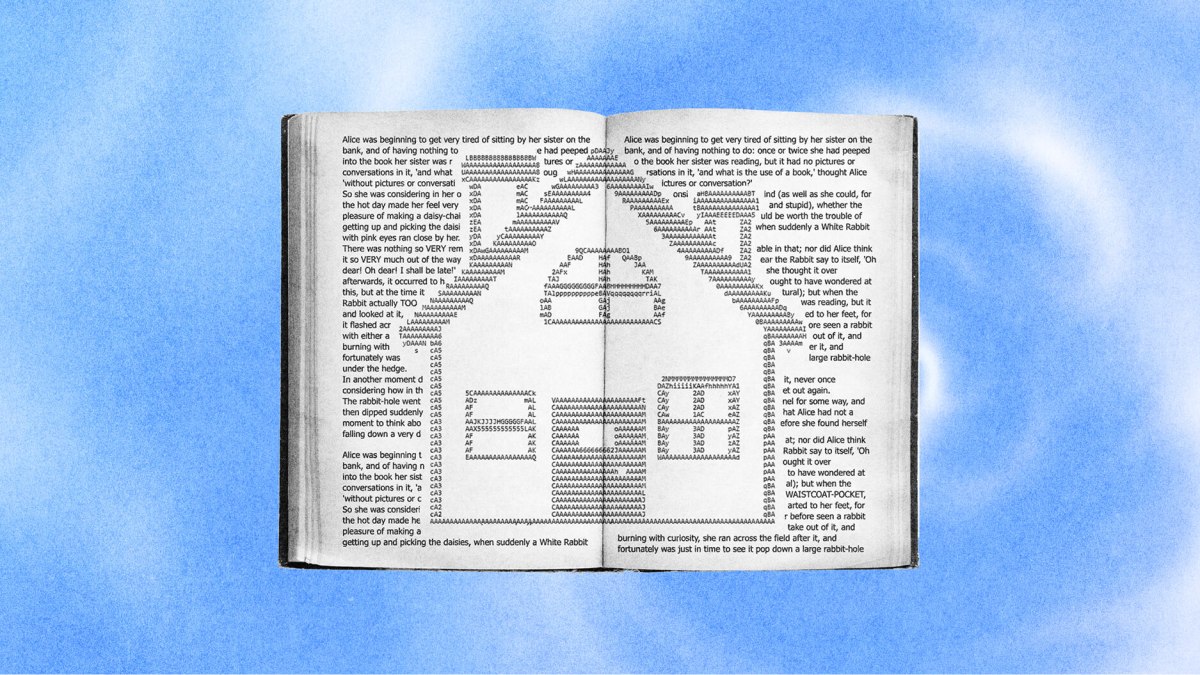 An open book with text artfully arranged to form a house and tree shape, set against a blue sky dotted with white swirls, celebrates the magic of books.