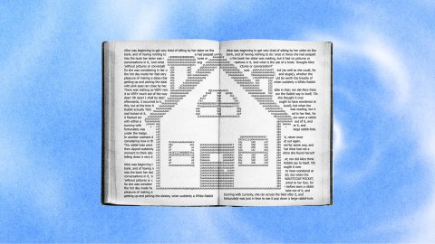 An open book with text artfully arranged to form a house and tree shape, set against a blue sky dotted with white swirls, celebrates the magic of books.