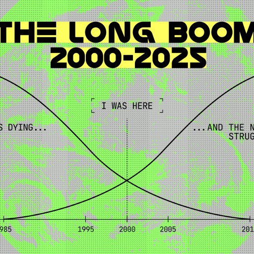 A graph titled "The Long Boom 2000-2025" shows intersecting curves from 1975 to 2025, depicting a transition from an old to a new world. Text reads "I was here" at the intersection around 2005.