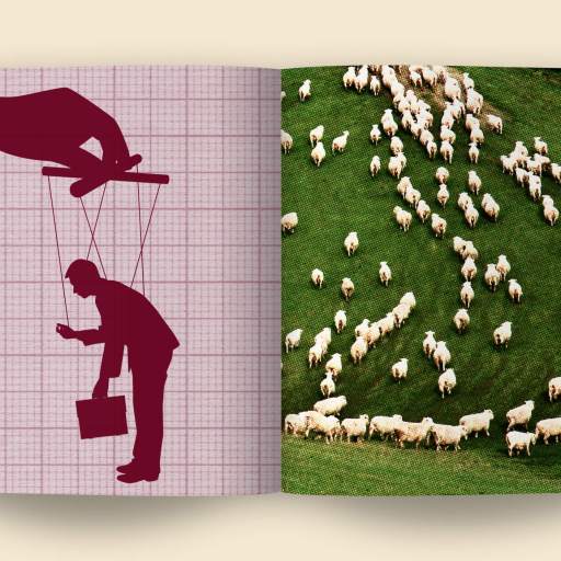 An open book reveals the art of smart manipulation: on the left page, a marionette illustration dances gracefully, while on the right, a flock of sheep grazes peacefully in a sunlit field.