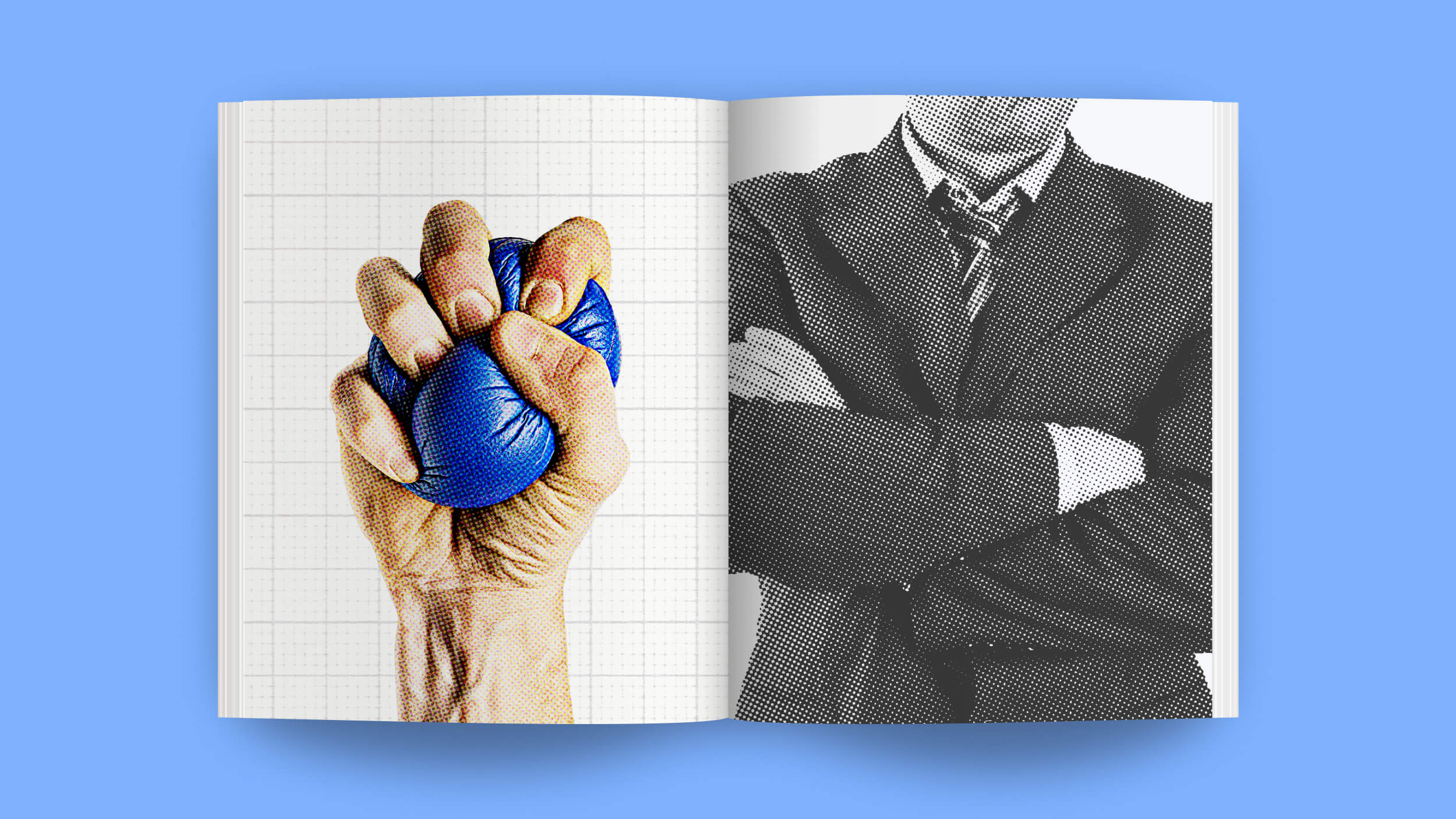Open book showing a close-up of a hand squeezing a blue stress ball on the left page, symbolizing pressure, while a grayscale image of a person in a suit with crossed arms graces the right page, set against a serene blue backdrop.