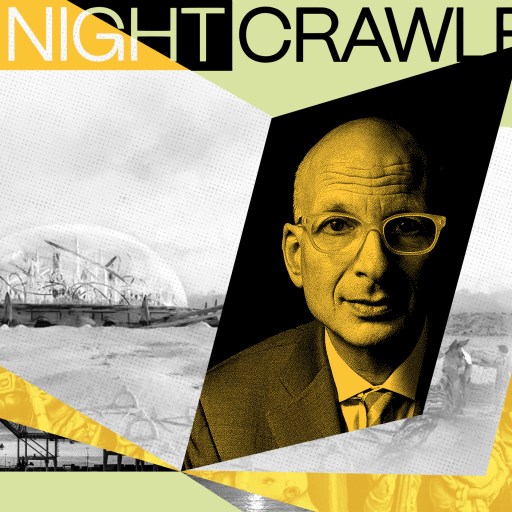 Collage featuring a man with glasses, reminiscent of Seth Godin, on a black and yellow background. Overlaid with images of architecture and industrial elements, this piece is titled "The Night Crawler.