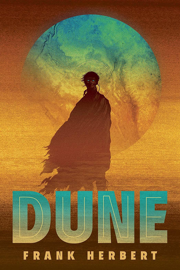 Book cover for "Dune" by Frank Herbert featuring a silhouette of a person in front of a large blue and yellow circular background.