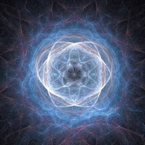 Abstract image featuring a luminous, symmetrical pattern of blue and white swirling lines against a dark background, resembling a cosmic or nebula-like formation.