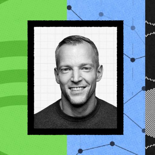 A smiling person in a black and white photo is set against a vibrant, Spotify-themed background with abstract patterns and shapes.