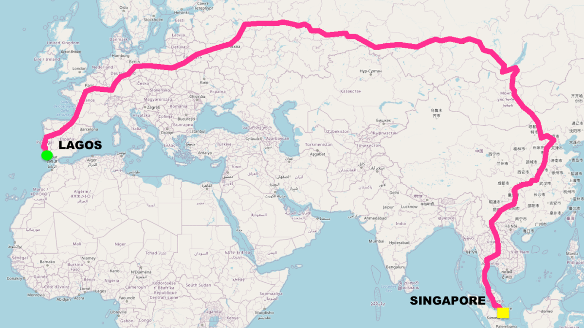 Map showing a pink route line from Lagos, Nigeria to Singapore, crossing Europe and Asia. Lagos and Singapore are labeled with bold text and marked with colored dots.