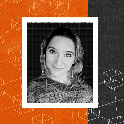 A woman's black and white portrait is centered, crafted by AI creators. An abstract geometric background with orange, black, and yellow segments featuring cube patterns surrounds the photo.