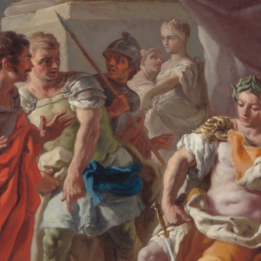 A group of armored men, some gesturing and talking with an air of positivity, gather around a seated figure wearing a laurel wreath and colorful robes; other figures and draped fabric appear in the background.