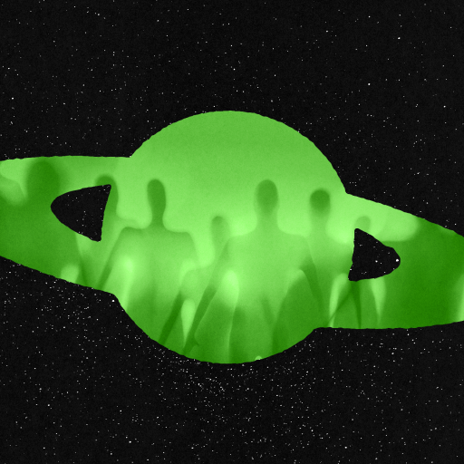A green planet with rings is shown against a starry black background, with shadowy humanoid figures visible inside the planet’s outline.