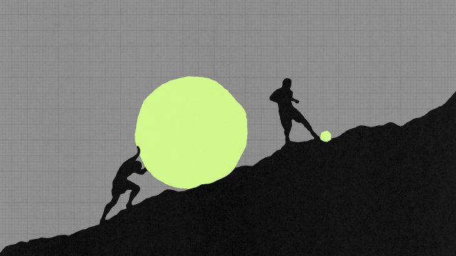 Two silhouetted figures on a slope; one pushes a large green sphere uphill, while the other lightly kicks a small green ball downhill against a gray grid background.