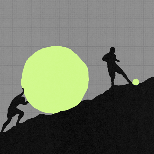 Two silhouetted figures on a slope; one pushes a large green sphere uphill, while the other lightly kicks a small green ball downhill against a gray grid background.