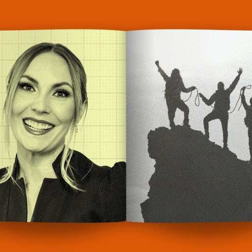 A smiling woman graces the left page, embodying the optimism of job-seeking. On the right, a silhouette of three people celebrates atop a mountain peak against an orange backdrop, capturing a moment as precious as gold.