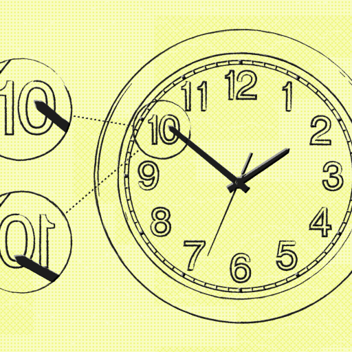 Illustration of a clock showing 10:10 with zoomed-in views highlighting both '10' markings, on an orange background.