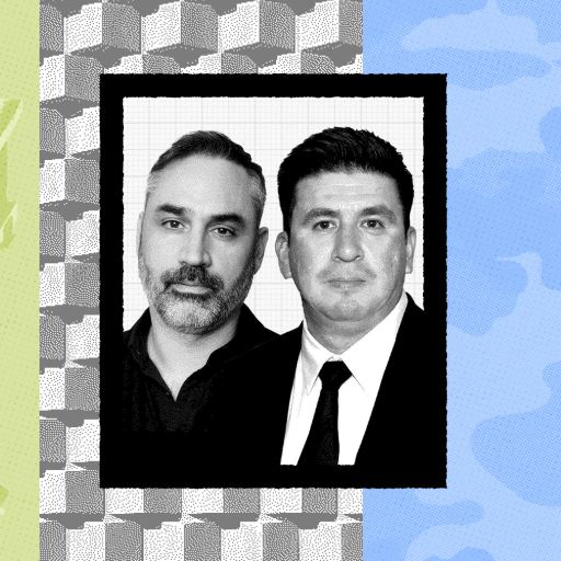 Two men pose for a formal portrait; one wears a dark shirt and the other a suit and tie, set against a patterned background evocative of Alex Garland’s visual style, divided into green, gray, and blue sections.